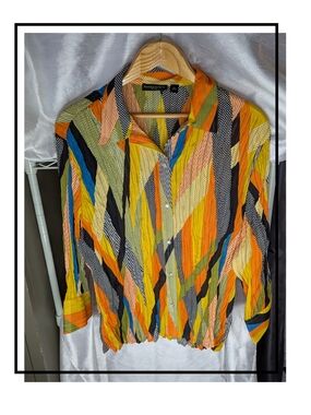 Men's Multicolor Striped Button-Up Shirt - Vibrant Orange & Yellow